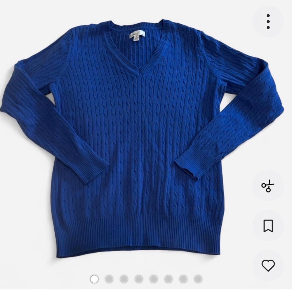 Kim Rogers sz S Blue V-Neck Sweater cable knit cotton preppy classic layering